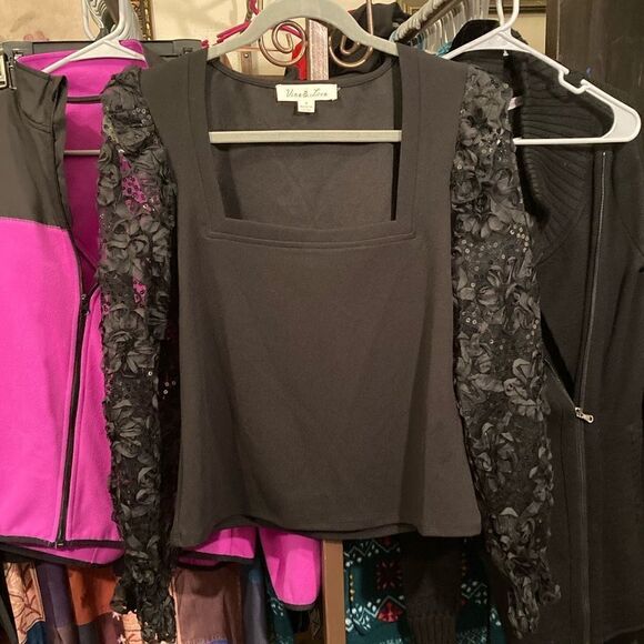 See Through Sequins Long  Sleeve Black Top - Picture 3 of 9